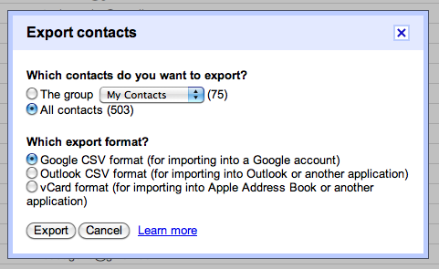 Gmail contacts: exporting options