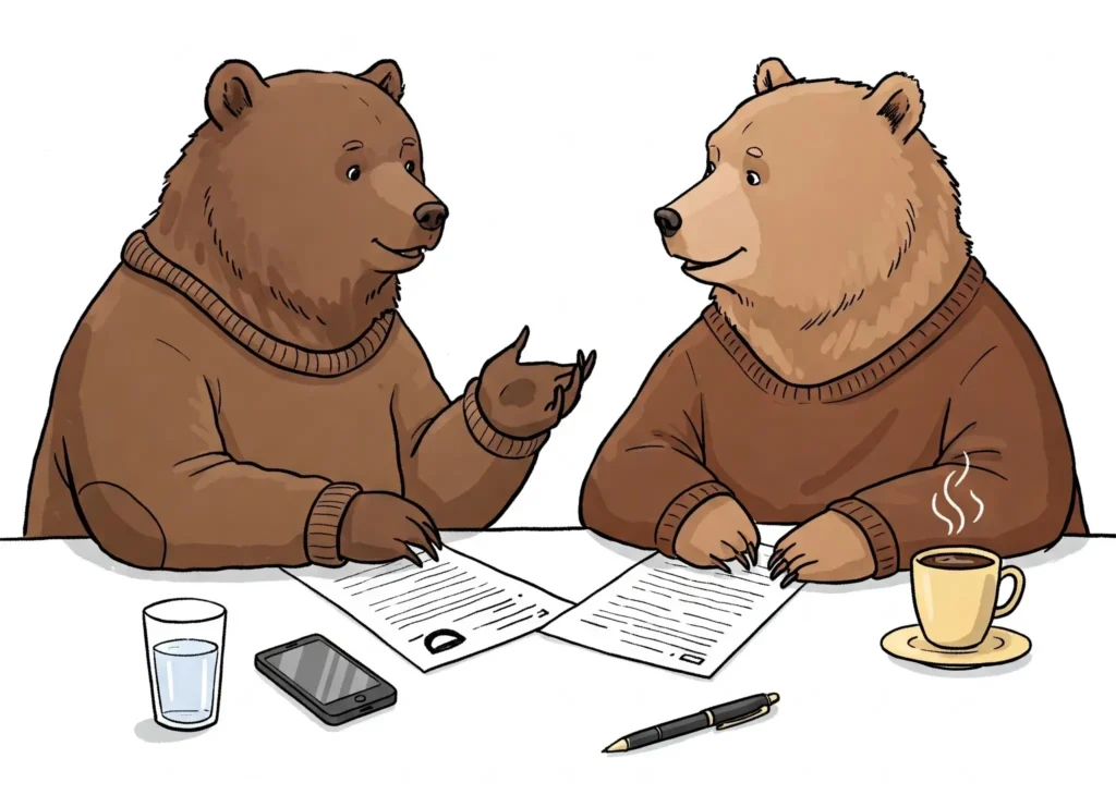 Dos osos teniendo una conversación mientras toman notas.