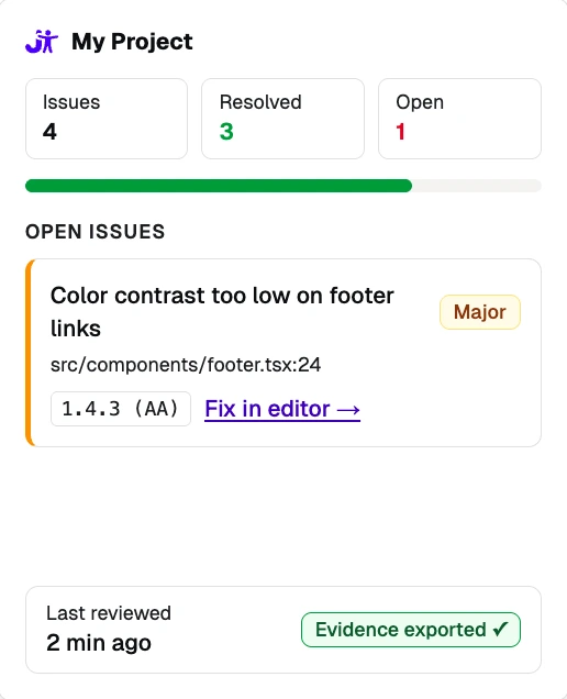 Panel de Jeikin con métricas de accesibilidad del proyecto