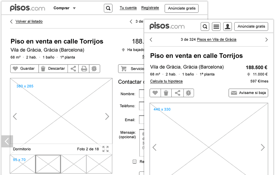 Detalle de wireframes responsive de la página de detalle