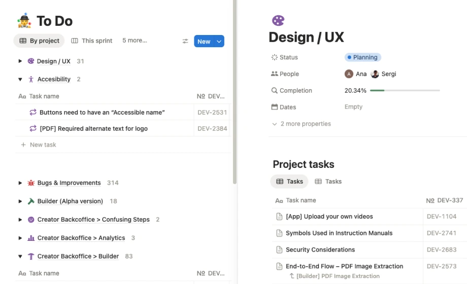 Listado de tareas de un proyecto en Notion